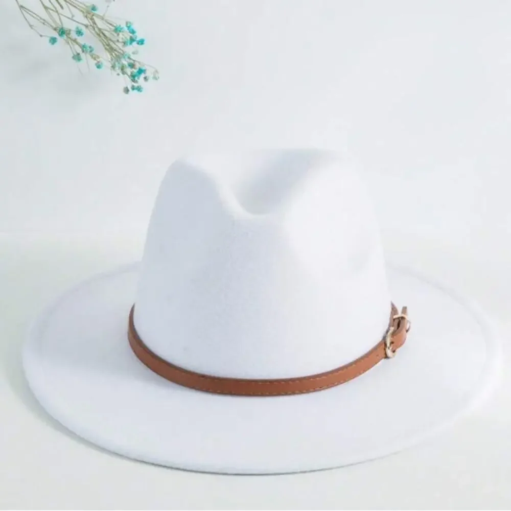 Fedora White Hat Unisex Classy Chic Men Women Buckle Strap - Picture 8 of 14